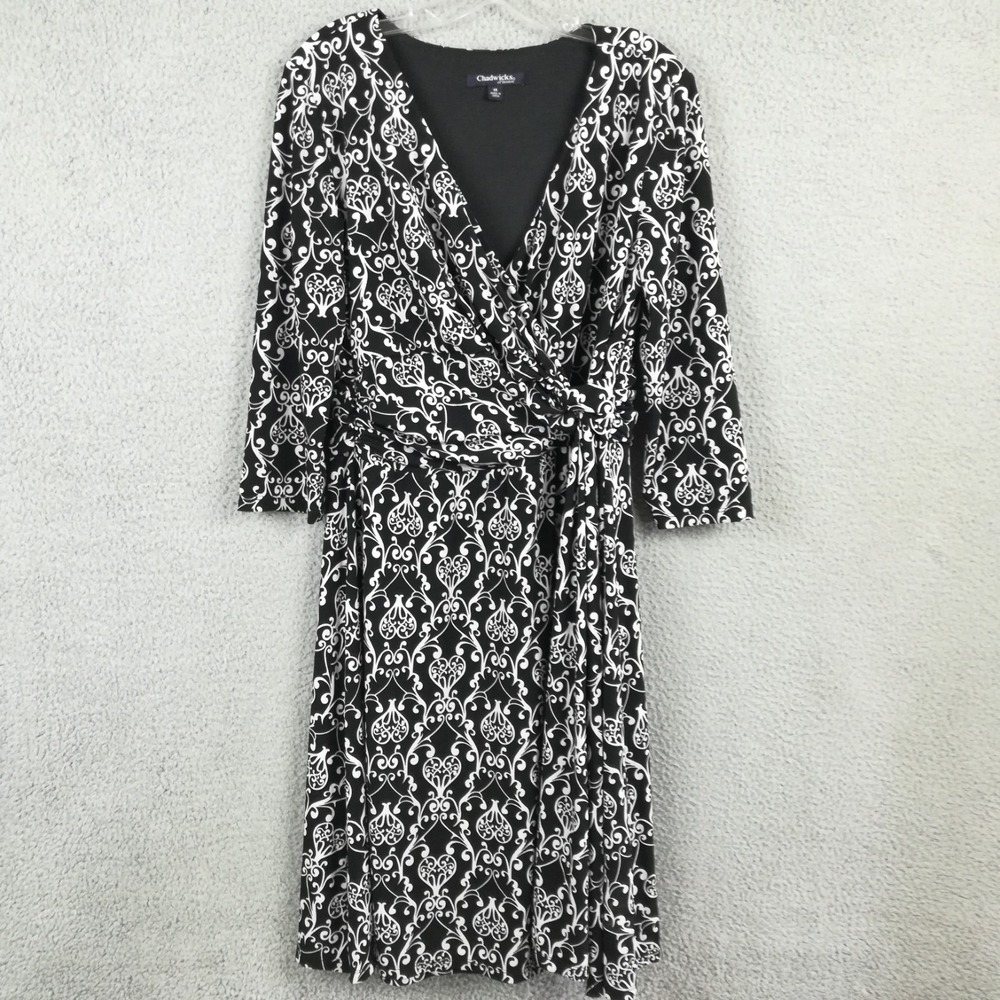 Chadwicks Boston Womens Dress Wrap Front Black White Baroque Knee Length 14